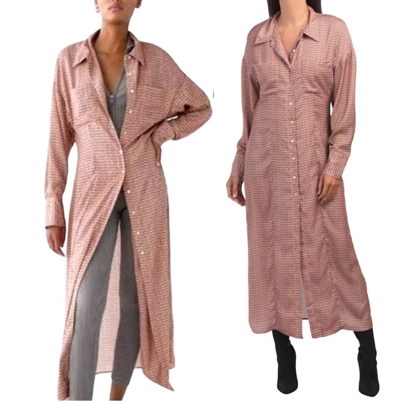 Zara Satin Effect Dainty Print Button Front Shirt Dress Long Sleeve Duster Small - Picture 1 of 13